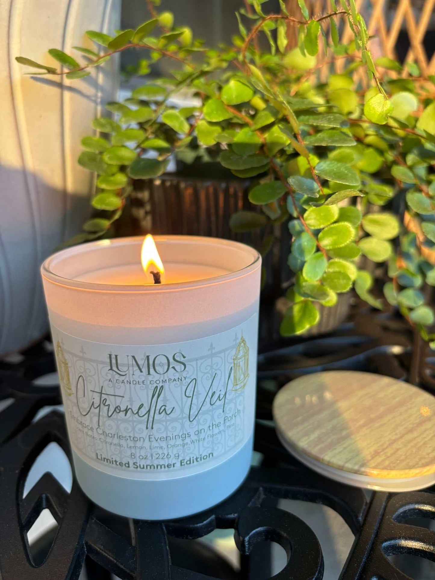 Citronella Veil Candle on Patio Table Repelling Mosquitoes