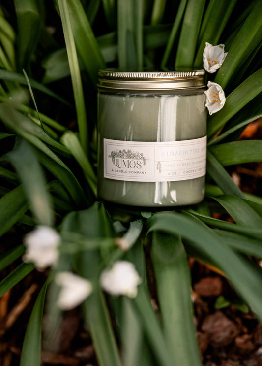 LUMOS Hand-Poured Coconut Soy Candle in sage green glass with golden lid, luxury clean-burning home fragrance