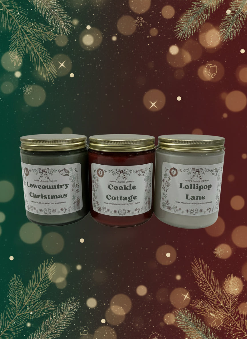 Three jars labeled 'Lowcountry Christmas', 'Cookie Cottage', and 'Lollipop Lane' 