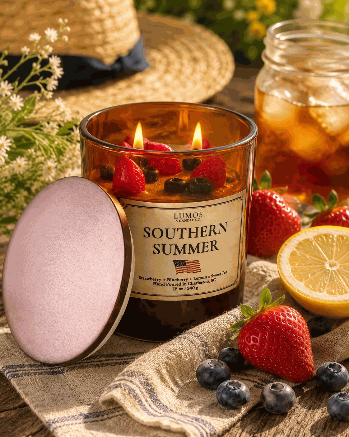 Southern Summer candle with strawberry, blueberry, lemon, and sweet tea fragrance and berry toppers