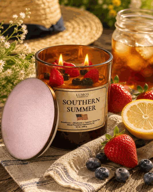 Southern Summer candle with strawberry, blueberry, lemon, and sweet tea fragrance and berry toppers